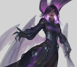 Rule 34 | 1girl, absurdres, artist name, commentary, dress, english commentary, glowing, glowing eyes, grey background, hair between eyes, highres, league of legends, long hair, looking at viewer, morgana (league of legends), multiple wings, official alternate costume, parted lips, purple dress, purple eyes, purple hair, purple wings, serious, sidelocks, simple background, solo, standing, sumadezs, wings