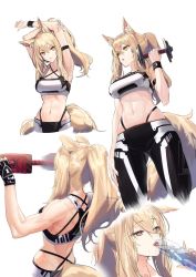 Rule 34 | 1girl, a.t. zero, abs, alternate costume, animal ear fluff, animal ears, arknights, armband, armpits, black gloves, blonde hair, bottle, breasts, cleavage, closed mouth, drinking, exercising, eyelashes, fingerless gloves, gloves, hair between eyes, highleg, highres, horse ears, horse girl, horse tail, long hair, medium breasts, multiple views, muscular, muscular female, navel, nearl (arknights), open mouth, ponytail, sidelocks, simple background, sports bra, stretching, sweat, tail, water bottle, weightlifting, weights, white background, wristband, yellow eyes
