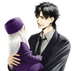 Rule 34 | 1boy, 1girl, age difference, bad id, bad pixiv id, black hair, carrying, child, child carry, coat, emiya kiritsugu, facial hair, fate/stay night, fate/zero, fate (series), father and daughter, fur hat, hat, illyasviel von einzbern, kagami ei, long hair, papakha, purple hat, red eyes, short hair, silver hair