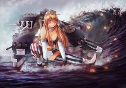 Rule 34 | 1girl, asymmetrical legwear, blonde hair, blue eyes, breasts, cannon, elbow gloves, fingerless gloves, front-tie top, full body, garter straps, gloves, hair between eyes, headgear, iowa (kancolle), jasbrina, kantai collection, large breasts, looking at viewer, machinery, miniskirt, mismatched legwear, ocean, skirt, solo, standing, standing on liquid, star-shaped pupils, star (symbol), striped clothes, striped thighhighs, symbol-shaped pupils, thighhighs, turret, vertical-striped clothes, vertical-striped thighhighs, water, waves
