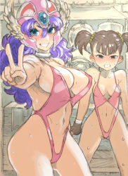 Rule 34 | 2girls, bare shoulders, bikini, black eyes, blue eyes, blush, breast envy, breasts, brown hair, clenched hand, clenched teeth, dragon quest, dragon quest iii, embarrassed, fighter (dq3), foreshortening, grin, helmet, highleg, highleg swimsuit, hip focus, large breasts, long hair, looking at viewer, mimonel, multiple girls, navel, outstretched arm, purple hair, revealing swimsuit (dq), short hair, short twintails, small breasts, smile, soldier (dq3), square enix, standing, sweat, swimsuit, teeth, twintails, v