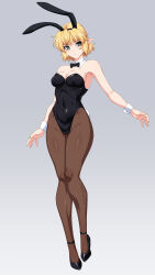 Rule 34 | 1girl, alternate costume, animal ears, black bow, black bowtie, black footwear, black leotard, blonde hair, blush, bow, bowtie, breasts, brown pantyhose, closed mouth, collar, commentary request, covered navel, detached collar, expressionless, fake animal ears, fake tail, full body, green eyes, grey background, high heels, highleg, highleg leotard, highres, leotard, looking at viewer, medium bangs, medium breasts, mizuhashi parsee, ootsuki wataru, pantyhose, playboy bunny, pointy ears, rabbit ears, rabbit tail, scarf, shirt, short hair, simple background, solo, tail, touhou, white collar, wrist cuffs