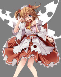 Rule 34 | 1girl, ascot, blue eyes, brown hair, dress, fang, female focus, hair ribbon, headdress, letterboxed, obi, open mouth, patterned, puffy sleeves, red ribbon, ribbon, sash, short hair, skirt, solo, strap slip, sunny milk, tears, torn clothes, torn wings, touhou, tsukishiro saika, twintails, underwear, wings