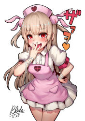 Rule 34 | 1girl, artist name, blush, brown hair, dated, fang, hand to own mouth, hat, heart, long hair, natori sana, nurse cap, open mouth, puffy short sleeves, puffy sleeves, qblade, red eyes, sana channel, short sleeves, signature, smile, smug, solo, sound effects, translation request, very long hair, virtual youtuber, white background