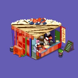 Rule 34 | animated, animated gif, bird, blue background, blueberry, chef, chef hat, crepe, food, frog, fruit, hat, menu board, no humans, original, pixel art, simple background, strawberry, toucan, translation request, trash can, wanpaku pixels
