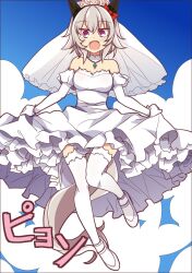 Rule 34 | 1girl, alternate costume, animal ears, bare shoulders, blue background, blush, bow, breasts, bridal veil, clothes lift, cloud, commentary request, curren chan (umamusume), dress, dress lift, ear bow, ear covers, elbow gloves, full body, gloves, grey hair, hair between eyes, hair ornament, high heels, highres, horse ears, horse girl, jewelry, lifted by self, looking at viewer, medium breasts, midair, necklace, open mouth, purple eyes, red bow, simple background, sky, solo, strapless, strapless dress, thighhighs, umamusume, veil, wahiko (black bastard), wedding dress, white dress, white footwear, white gloves, white thighhighs