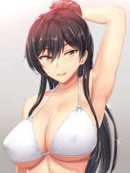 Rule 34 | 1girl, arm up, armpits, bikini, black hair, blush, breasts, commentary request, gradient background, highres, homewrecker, idolmaster, idolmaster shiny colors, large breasts, long hair, looking at viewer, open mouth, ponytail, shirase sakuya, smile, solo, swimsuit, upper body, yellow eyes