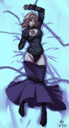Rule 34 | 00s, 1girl, airport777, antenna hair, arcueid brunestud, bdsm, black panties, black thighhighs, blonde hair, blush, bondage, bound, bound legs, breasts, chain, cleavage, cleavage cutout, clothes pull, clothing cutout, colored sclera, dakimakura (medium), dark persona, female focus, hair intakes, highres, lace, lace-trimmed panties, lace trim, large breasts, lingerie, long skirt, melty blood, meme attire, on bed, open-chest sweater, panties, purple skirt, red arcueid, red sclera, restrained, ribbed sweater, short hair, skirt, skirt pull, solo, sweater, thighhighs, tongue, tongue out, tsukihime, turtleneck, underwear, yellow eyes