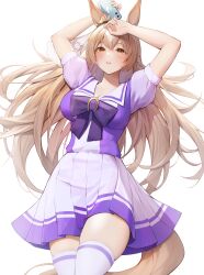 Rule 34 | 1girl, absurdres, animal ears, arms up, blush, breasts, brown eyes, brown hair, cellphone, collarbone, highres, holding, holding phone, horse ears, horse girl, horse tail, large breasts, long hair, looking at viewer, parted lips, phone, pleated skirt, purple shirt, purple skirt, satono diamond (umamusume), shirt, short sleeves, simple background, skindentation, skirt, smartphone, tail, thighhighs, thighs, umamusume, white background, white thighhighs, zhenli-mari