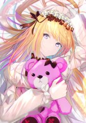 Rule 34 | 1girl, arm up, blonde hair, cagliostro (granblue fantasy), commentary request, dress, flower, granblue fantasy, hair flower, hair ornament, head tilt, highres, kayjae, long sleeves, hugging object, parted lips, puffy long sleeves, puffy sleeves, purple eyes, rose, solo, stuffed animal, stuffed toy, teddy bear, upper body, white dress, white flower, white rose