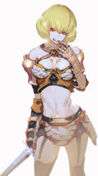 Rule 34 | 1girl, armor, biting, blonde hair, breasts, cleavage, clementine (overlord), criss-cross halter, faulds, finger biting, garter belt, gauntlets, halterneck, halterneck, highres, large breasts, navel, o-ring, o-ring legwear, official art, open mouth, overlord (maruyama), pauldrons, pink eyes, red eyes, short hair, shoulder armor, simple background, sketch, so-bin, solo, sword, teeth, thighhighs, weapon