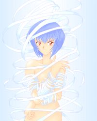 Rule 34 | 1990s (style), 1girl, ayanami rei, bandages, blue hair, bob cut, flat chest, gradient background, naked bandage, neon genesis evangelion, non-web source, pc-98 (style), pixel art, red eyes, retro artstyle, short hair, solo