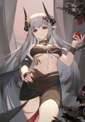 1girl absurdres apple arknights bikini bitten_apple black_bikini body_markings breasts commentary demon_horns english_commentary flower food food_bite fruit gluteal_fold grey_hair hair_flower hair_ornament hand_on_own_hip highres holding holding_food holding_fruit horns infection_monitor_(arknights) jewelry lance_(lancelliu) long_hair looking_at_viewer medium_breasts mismatched_bikini mudrock_(arknights) mudrock_(silent_night)_(arknights) nail_polish navel necklace official_alternate_costume pointy_ears red_bikini red_eyes sarashi see-through_clothes solo stomach swimsuit thighs very_long_hair