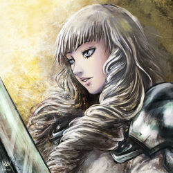Rule 34 | 10s, 1girl, 2011, anastasia (claymore), blonde hair, claymore (series), claymore (sword), drill hair, grey eyes, long hair, maxa&#039;, parted lips, portrait, shoulder pads, solo, sword, weapon