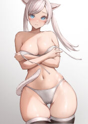 Rule 34 | 1girl, accidental exposure, animal ears, asymmetrical bangs, bikini, blue eyes, blush, breast hold, breasts, cat ears, cat girl, cat tail, cleavage, closed mouth, collarbone, cowboy shot, double strap slip, embarrassed, facial mark, final fantasy, final fantasy xiv, gradient background, grey bikini, grey hair, highres, large breasts, long hair, looking at viewer, miqo&#039;te, navel, sidelocks, simple background, skindentation, slit pupils, solo, spaghetti strap, string bikini, swept bangs, swimsuit, tail, thighs, torisanff14, warrior of light (ff14), whisker markings, white tail