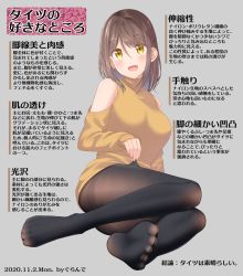 Rule 34 | 1girl, :d, bare shoulders, black pantyhose, blush, breasts, brown eyes, brown hair, brown sweater, clothing cutout, commentary request, dated, dress, full body, grey background, gurande (g-size), hair between eyes, highres, looking at viewer, medium breasts, narumiya tayori, open mouth, original, pantyhose, shoulder cutout, simple background, smile, solo, sweater, sweater dress, thighband pantyhose, tights day