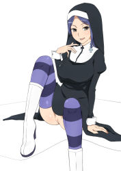 Rule 34 | 1girl, arm support, blush, boots, braid, cross, dress, female focus, grey eyes, habit, high heel boots, high heels, ichihisa, knee boots, knee up, naughty face, no panties, nun, purple hair, pussy, shinatsuhiko yae, simple background, sitting, solo, striped clothes, striped thighhighs, thighhighs, uncensored, white background, yozakura quartet