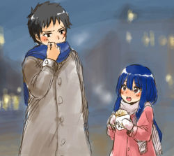 Rule 34 | 1boy, 1girl, akane (imochimo), bad id, bad pixiv id, baozi, black hair, blue hair, blue scarf, blurry, blurry background, blush, coat, depth of field, enpera, fairy tail, food, height difference, holding, long hair, mest gryder, mittens, open mouth, outdoors, scar, scar on face, scarf, short hair, upper body, wendy marvell