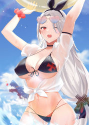 Rule 34 | 1girl, alternate costume, azur lane, bikini, black bikini, black hairband, blue sky, blush, breasts, cleavage, eyewear on head, feet out of frame, grey hair, hairband, hands up, holding, holding swim ring, innertube, large breasts, long hair, looking at viewer, navel, ocean, one eye closed, open clothes, open mouth, open shirt, out of frame, oxygen mask (oxygenmask233), prinz heinrich (azur lane), red eyes, see-through, shirt, sky, smile, solo, standing, stomach, sunglasses, swim ring, swimsuit, wet, wet clothes, white shirt