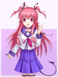 Rule 34 | 10s, 1girl, angel beats!, bad id, bad pixiv id, demon tail, fang, long hair, pink eyes, pink hair, school uniform, serafuku, short twintails, solo, tail, tucana, twintails, two side up, yui (angel beats!)
