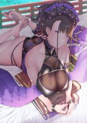 Rule 34 | 1girl, armlet, bare shoulders, black gloves, black one-piece swimsuit, breasts, fate/grand order, fate (series), fingerless gloves, flower, gloves, gold trim, hair flower, hair ornament, hair up, half gloves, highleg, highleg swimsuit, ion (cation), large breasts, long hair, looking at viewer, murasaki shikibu (fate), murasaki shikibu (swimsuit rider) (fate), murasaki shikibu (swimsuit rider) (first ascension) (fate), one-piece swimsuit, purple eyes, purple hair, solo, swimsuit, thighs