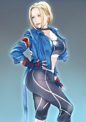 Rule 34 | 1girl, abe buson, blonde hair, breasts, cammy white, cammy white (cosplay), cosplay, crop top, fingerless gloves, gloves, green eyes, highres, jacket, large breasts, lips, long sleeves, pants, short hair, street fighter, street fighter 6, yuriko tiger, yuriko tiger fanart