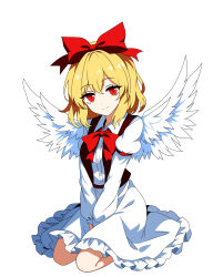 Rule 34 | 1girl, absurdres, angel wings, between legs, blonde hair, bow, bowtie, breasts, brown vest, closed mouth, collared shirt, commentary request, feathered wings, frilled skirt, frills, gengetsu (touhou), hair bow, hand between legs, happy, head tilt, highres, juliet sleeves, long sleeves, looking at viewer, medium hair, open clothes, open vest, puffy sleeves, red bow, red bowtie, red eyes, seiza, shirt, simple background, sitting, skirt, small breasts, smile, solo, ssaf52913778, touhou, touhou (pc-98), v arms, vest, white background, white shirt, white wings, wings