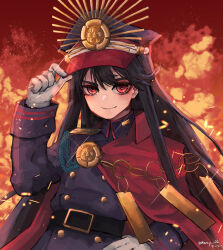 Rule 34 | 1girl, absurdres, belt, cape, chain, crest, family crest, fate/grand order, fate (series), gloves, hand on headwear, hand on own hip, hat, highres, long sleeves, looking at viewer, medallion, military hat, nmercy, oda nobunaga (fate), oda uri, peaked cap, red background, red cape, red eyes, solo, upper body