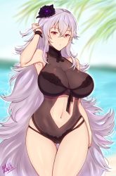 Rule 34 | 1girl, armpits, artist name, azur lane, band-width, bare shoulders, black one-piece swimsuit, blurry, blurry background, breasts, cleavage, clothing cutout, day, flower, gluteal fold, graf zeppelin (azur lane), graf zeppelin (beachside urd) (azur lane), hair between eyes, hair flower, hair ornament, hand in own hair, highres, large breasts, long hair, looking at viewer, navel, navel cutout, one-piece swimsuit, outdoors, parted lips, red eyes, signature, silver hair, sky, solo, standing, swimsuit, very long hair, water
