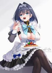 Rule 34 | 1girl, alternate costume, apron, black pantyhose, blue eyes, blue hair, blueberry, breasts, cherry, cleavage cutout, clothing cutout, corset, crossed legs, detached sleeves, eating, enmaided, food, fork, frills, fruit, fruit tart, hair intakes, highres, holding, holding fork, hololive, hololive english, large breasts, maid, maid apron, maid headdress, on lap, ouro kronii, pantyhose, plate, short hair, simple background, sitting, skyrail, solo, strawberry, tart (food), veil, virtual youtuber, white background