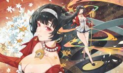 absurdres astra_yao black_hair blunt_bangs breasts cleavage dress full_body gem hairband high_heels highres jewelry large_breasts legs long_hair long_sleeves mole music necklace pearl_(gemstone) piercing red_eyes sagi_(sagi_0116) singing thighs zenless_zone_zero