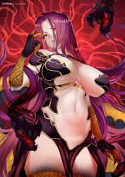 Rule 34 | 1girl, breasts, bustier, claws, fangs, fate/grand order, fate (series), female focus, forehead, gorgon (fate), groin, hair intakes, highres, large breasts, long hair, looking at viewer, matching hair/eyes, medusa (fate), medusa (rider) (fate), monster girl, navel, parted bangs, parted lips, patreon username, purple eyes, purple hair, red background, rider, scales, slit pupils, snake hair, solo, square pupils, thighs, very long hair, watermark, zasshu