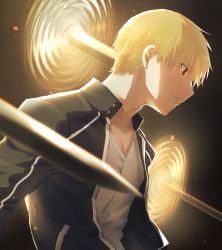 Rule 34 | 1boy, black shirt, blonde hair, cross, cross necklace, fate/stay night, fate (series), fighting stance, from side, gilgamesh (fate), highres, jewelry, male focus, necklace, okonon (kado colda), red eyes, serious, shirt, short hair, solo, upper body