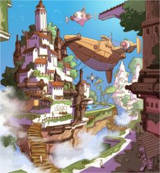 Rule 34 | aircraft, airship, bird, blue sky, bridge, city, cityscape, contrail, cyber connect 2, day, dirigible, floating island, flying, little tail bronx, motor vehicle, no humans, plant, scenery, sky, smoke, solatorobo, string, tree, vehicle
