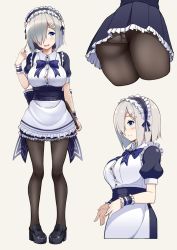 Rule 34 | 10s, 1girl, :d, alternate costume, apron, ass, black pantyhose, blue eyes, blush, bow, bowtie, breasts, enmaided, frills, hair ornament, hair over one eye, twirling hair, hairclip, hamakaze (kancolle), holding, holding tray, kantai collection, large breasts, loafers, looking away, maid, maid apron, maid headdress, multiple views, open mouth, panties, panties under pantyhose, pantyhose, pigeon-toed, shoes, short hair, silver hair, smile, standing, sukebewe, thighs, tray, unbuttoned, unbuttoned shirt, underwear, wrist cuffs