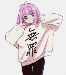 Rule 34 | 1girl, amauri miruki, antenna hair, black pants, blue eyes, chromatic aberration, closed mouth, clothes writing, commentary, cowboy shot, grey background, hands up, highres, long sleeves, pants, pink hair, pretty series, puffy long sleeves, puffy sleeves, seihakumai, short hair, simple background, sleeves past wrists, solo, standing, sweater, translated, waccha primagi!, white sweater