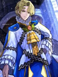 Rule 34 | 1boy, alfred (fire emblem), ascot, blonde hair, cape, circlet, closed mouth, fire emblem, fire emblem engage, frilled sleeves, frills, green eyes, highres, long sleeves, looking at viewer, male focus, nintendo, shidanna1227, short hair, solo, yellow ascot
