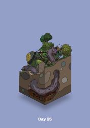 Rule 34 | blue background, commentary request, diorama, fallen tree, gozz, highres, isometric, lying, monster, oil, olmec head, on back, original, purple eyes, red eyes, rope, tree
