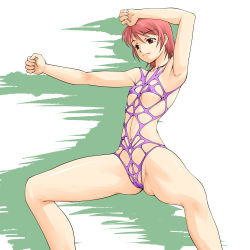 Rule 34 | 1girl, armpits, arms up, breasts, cameltoe, covered erect nipples, female pubic hair, flat chest, mashue, original, pubic hair, red eyes, red hair, short hair, solo, swimsuit, underboob