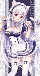 Rule 34 | 1girl, :o, animal ears, apron, bell, black dress, blush, bow, breasts, cat ears, cat girl, cat tail, cleavage, commentary request, dress, fang, frilled apron, frilled dress, frills, grey bow, hair between eyes, hands up, head tilt, jingle bell, large breasts, long hair, maid, maid headdress, mitsuba choco, original, parted lips, paw pose, puffy short sleeves, puffy sleeves, red eyes, short sleeves, silver hair, solo, tail, tail bell, tail bow, tail ornament, tail raised, thighhighs, very long hair, waist apron, white apron, white thighhighs, wrist cuffs