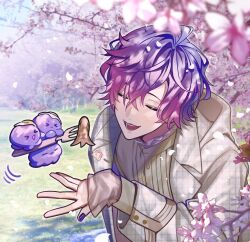 Rule 34 | &gt; &lt;, 1boy, :&lt;, absurdres, ahoge, bata000e, blurry, blurry foreground, blush, branch, cherry blossoms, closed eyes, commentary, crossed bangs, day, depth of field, english commentary, falling petals, fingernails, flower, food, food art, forest, fork, gradient hair, grass, hair between eyes, hand up, highres, holding, holding fork, jacket, lapels, long sleeves, male focus, multicolored hair, nail polish, nature, nijisanji, nijisanji en, open clothes, open jacket, open mouth, outdoors, petals, pink flower, pink hair, purple hair, purple nails, round teeth, shirt, short hair, sidelocks, sleeves past wrists, smile, stargazer (uki violeta), tako-san wiener, teeth, tree, uki violeta, virtual youtuber, white jacket, yellow shirt