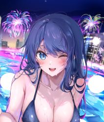Rule 34 | 1girl, absurdres, bikini, blue eyes, blue hair, breasts, building, city, cleavage, fireworks, highres, komupi, looking at viewer, night, one eye closed, outdoors, pool, smile, swimsuit, wet