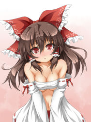 Rule 34 | 1girl, :o, bandages, bare shoulders, blush, breasts, breasts squeezed together, brown hair, chest sarashi, cleavage, collarbone, detached sleeves, female focus, gradient background, hair tubes, hakurei reimu, long hair, looking at viewer, no shirt, red eyes, roura, sarashi, solo, touhou, v arms