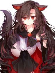 Rule 34 | 1girl, :&lt;, absurdres, animal ears, brooch, brown hair, dress, expressionless, fingernails, highres, huge filesize, imaizumi kagerou, jewelry, jpeg artifacts, long fingernails, long hair, long sleeves, nail polish, red eyes, red nails, risui (suzu rks), sharp fingernails, simple background, solo, tail, touhou, twitter username, very long hair, white background, wide sleeves, wolf ears, wolf tail