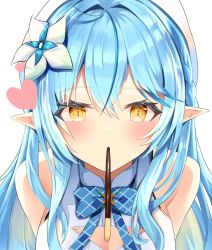 Rule 34 | 1girl, bare shoulders, blue bow, blue bowtie, blue hair, blush, bow, bowtie, cleavage cutout, clothing cutout, elf, flower, food, food in mouth, half updo, hat, heart, highres, hololive, long hair, looking at viewer, mouth hold, mugicho (kdks5554), multicolored hair, pocky, pointy ears, shirt, sleeveless, sleeveless shirt, solo, streaked hair, upper body, virtual youtuber, white flower, white hat, white shirt, yellow eyes, yukihana lamy