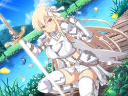 Rule 34 | 1girl, adjusting hair, armor, armpits, belt, berry, blonde hair, blue butterfly, blue sky, blush, bracer, breastplate, breasts, brown gloves, bug, bush, butterfly, butterfly wings, closed mouth, cloud, day, emblem, energy sword, faulds, flower, food, forest, fruit, garter straps, gauntlets, gloves, glowing, glowing weapon, gorget, grass, greaves, hair between eyes, hair flower, hair ornament, hair ribbon, hand on hilt, holding, holding sword, holding weapon, insect, insect wings, kneeling, lake, large breasts, leaf, leo (senran kagura), lightsaber, long hair, looking at viewer, mountain, mountainous horizon, nature, official alternate costume, official art, on one knee, outdoors, pauldrons, pier, planted, planted sword, planted weapon, purple eyes, raspberry, ribbon, rose, school emblem, senran kagura, senran kagura new link, senran kagura new wave, shoulder armor, sky, smile, solo, sword, thighhighs, tree, two-tone ribbon, water, weapon, white flower, white garter straps, white rose, white thighhighs, wings, yaegashi nan, yellow flower