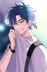 Rule 34 | 1boy, black bag, black hair, blurry, blurry background, blush, bracelet, cheng xiaoshi, clenched teeth, clothes pull, commentary request, grin, jewelry, looking at viewer, male focus, mr yheu, ponytail, shiguang dailiren, shirt, shirt pull, short hair, smile, solo, sweat, teeth, white shirt, wiping face, wiping sweat, yellow eyes