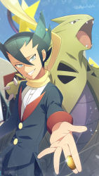 Rule 34 | 1boy, artist name, black jacket, buttons, coin, commentary request, creatures (company), floating scarf, game freak, gen 2 pokemon, glint, green hair, grey eyes, grimsley (pokemon), hair between eyes, highres, holding, holding coin, jacket, long sleeves, male focus, momoji (lobolobo2010), nintendo, pants, parted lips, pokemon, pokemon (creature), pokemon bw, pokemon masters ex, scarf, smile, tyranitar, yellow scarf