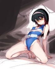 Rule 34 | 1girl, absurdres, aomushi (mushamusha), bare shoulders, barefoot, black hair, blue one-piece swimsuit, breasts, brown eyes, casual one-piece swimsuit, cleavage cutout, clothing cutout, commentary, female focus, full body, girls und panzer, groin, hairband, highleg, highleg swimsuit, highres, kneeling, long hair, look-alike, looking at viewer, one-piece swimsuit, pout, reizei mako, small breasts, solo, spread legs, swimsuit, toes, white hairband, wide spread legs, yellow eyes