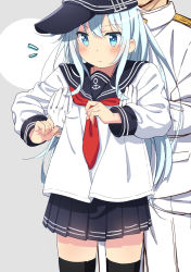 Rule 34 | 1boy, 1girl, admiral (kancolle), black sailor collar, black skirt, black thighhighs, blue eyes, commentary request, gloves, hair between eyes, hibiki (kancolle), jabittoson, kantai collection, lifting person, long hair, long sleeves, military, military uniform, naval uniform, neckerchief, pleated skirt, red neckerchief, sailor collar, school uniform, serafuku, silver hair, skirt, thighhighs, uniform, white gloves